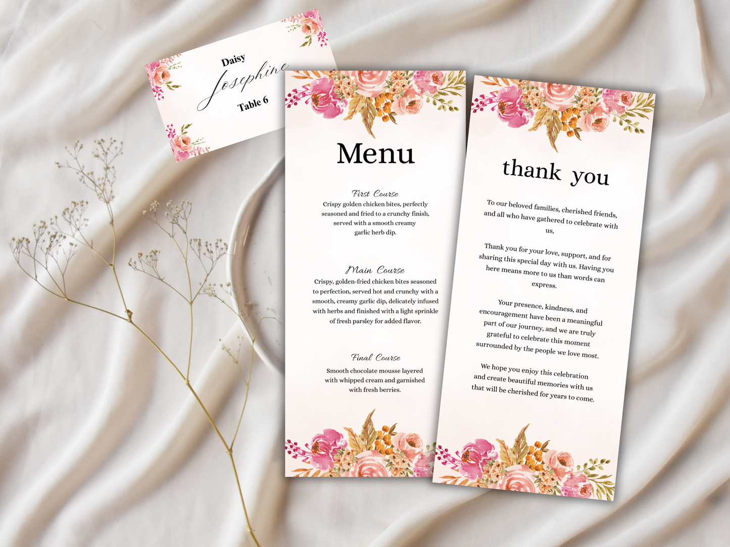 Wedding Thank you Card, Menu Card, Table Card. WI374