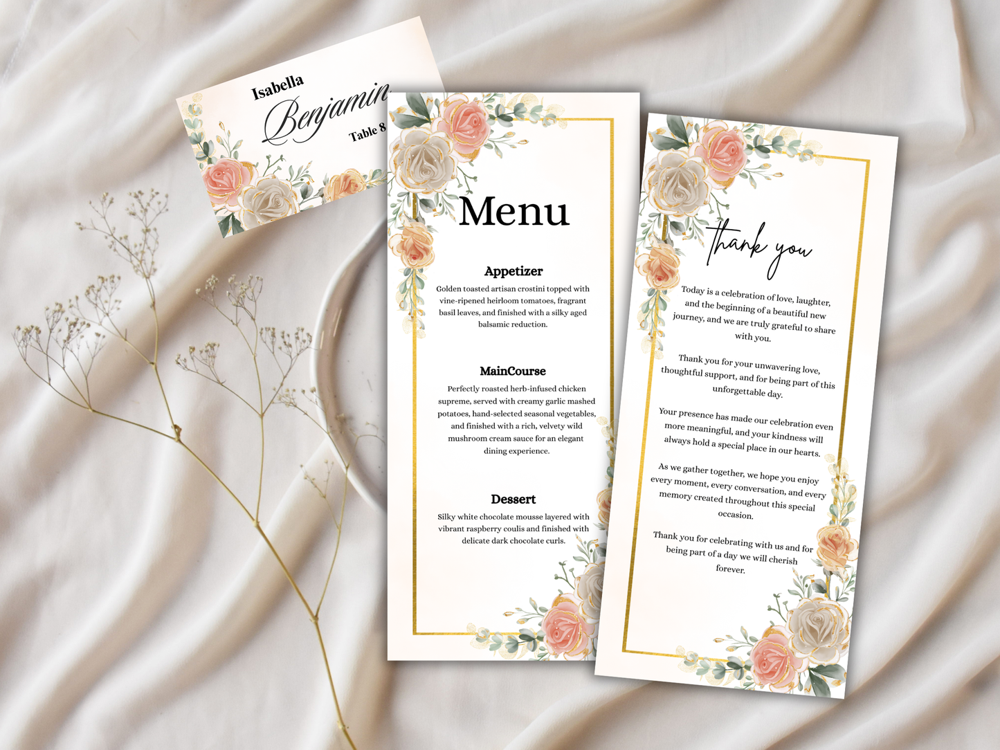 Wedding Menu Card, Table, Thank you, Editable Canva Template, Instant Download MTC406