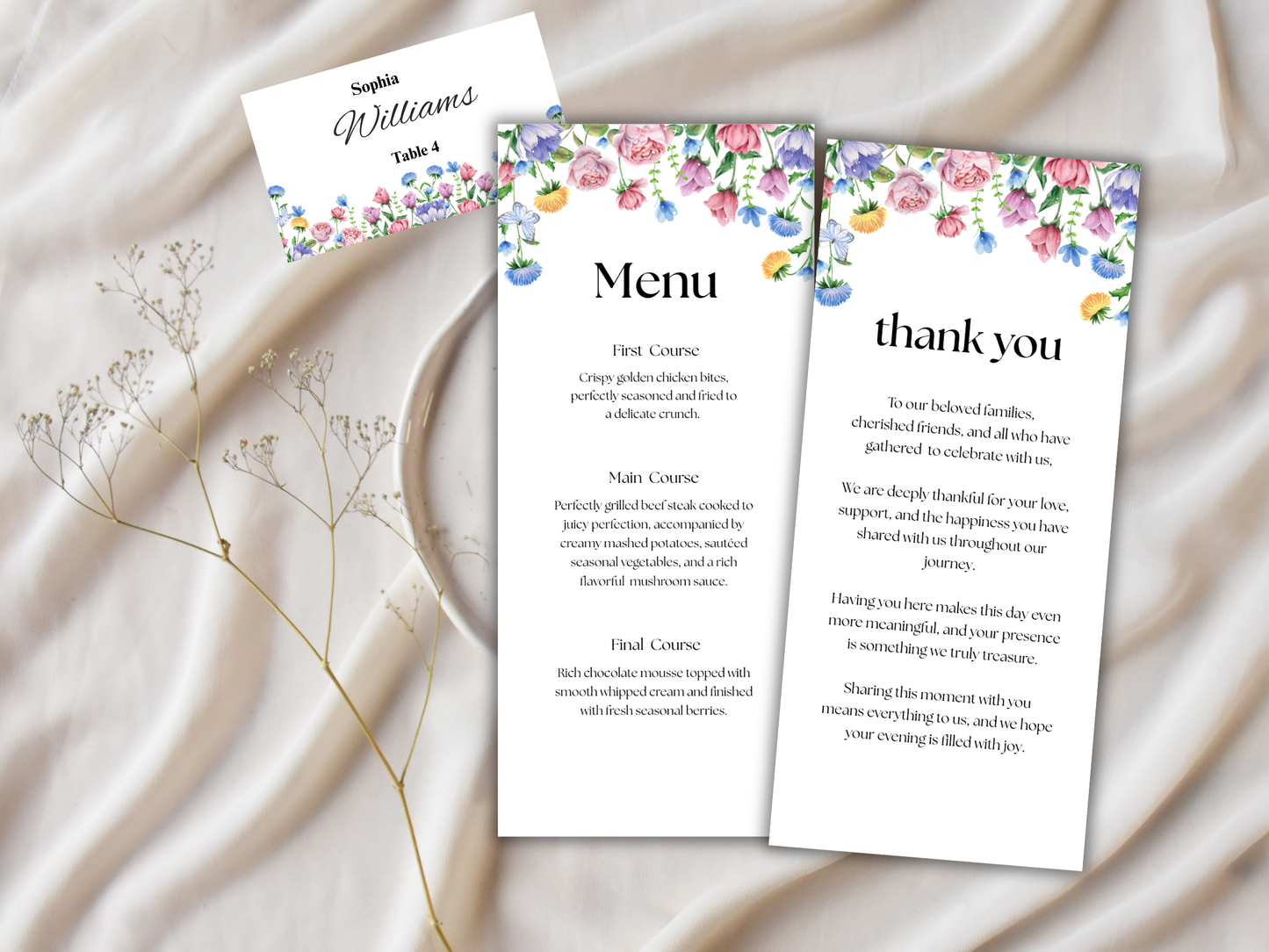 Wedding Thank you Card, Menu Card, Table Card. WI362