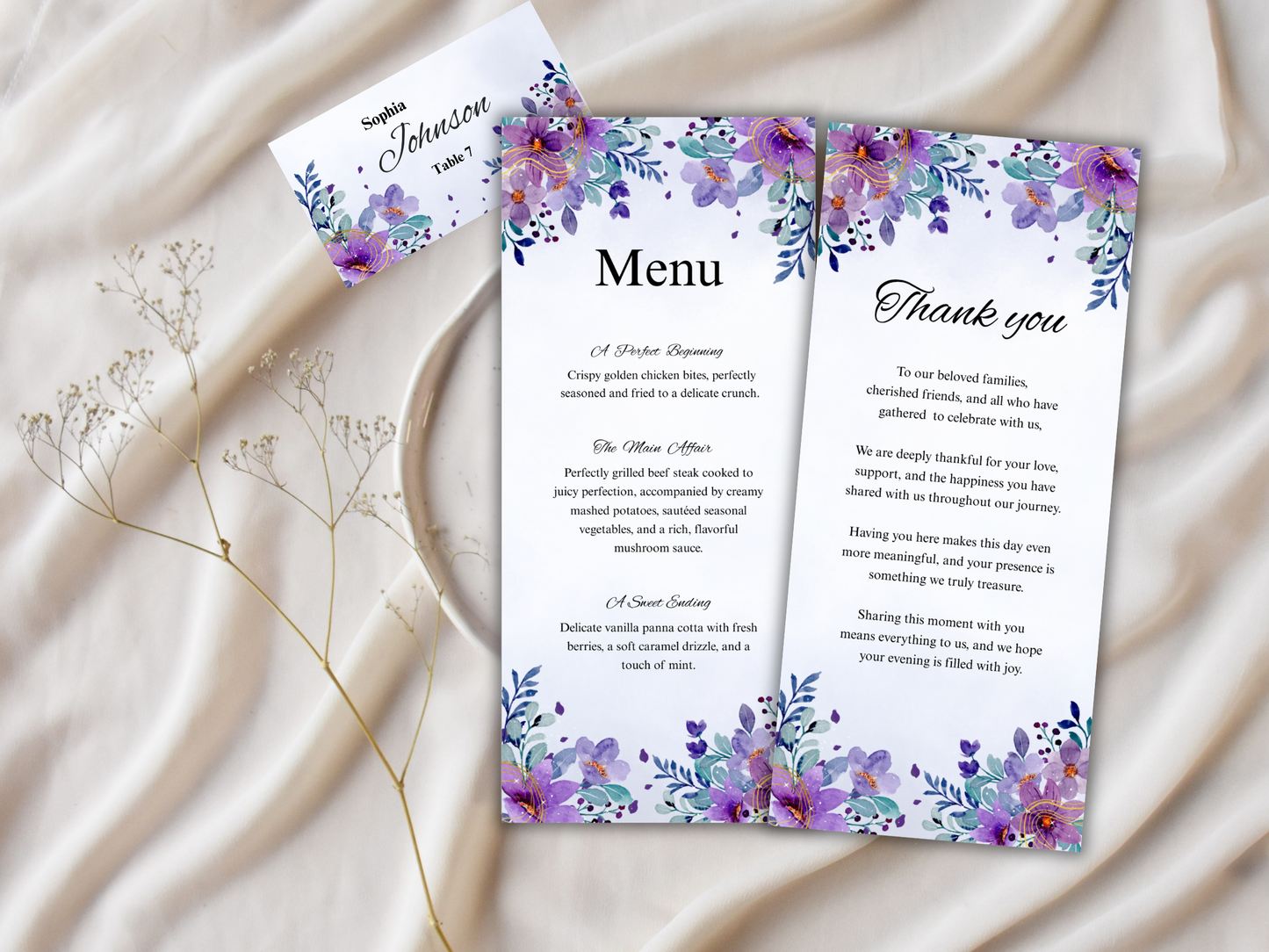 Wedding Thank you Card, Menu Card, Table Card. WI344