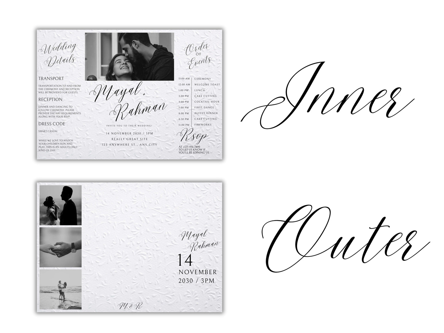 Gatefold Wedding Invitation Template | Elegant Black & White Folded Invite with RSVP Timeline | Printable Wedding Card with Photo. WEIB122