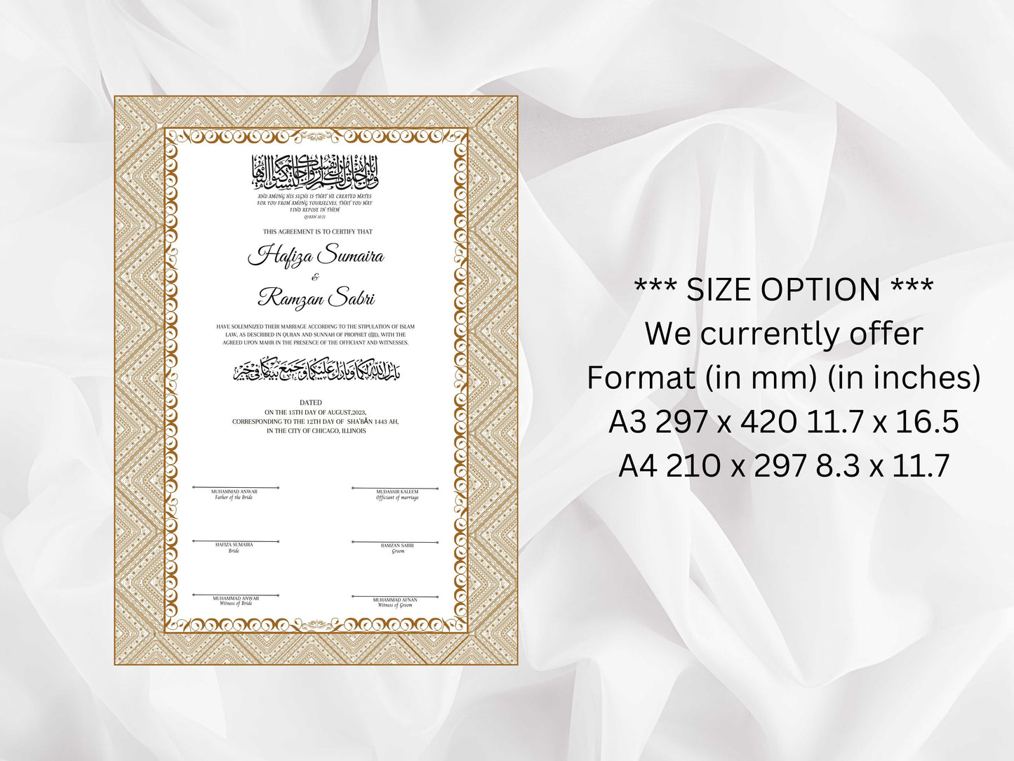 Muslim Nikkah Certificate Template, A3, A4. NN115