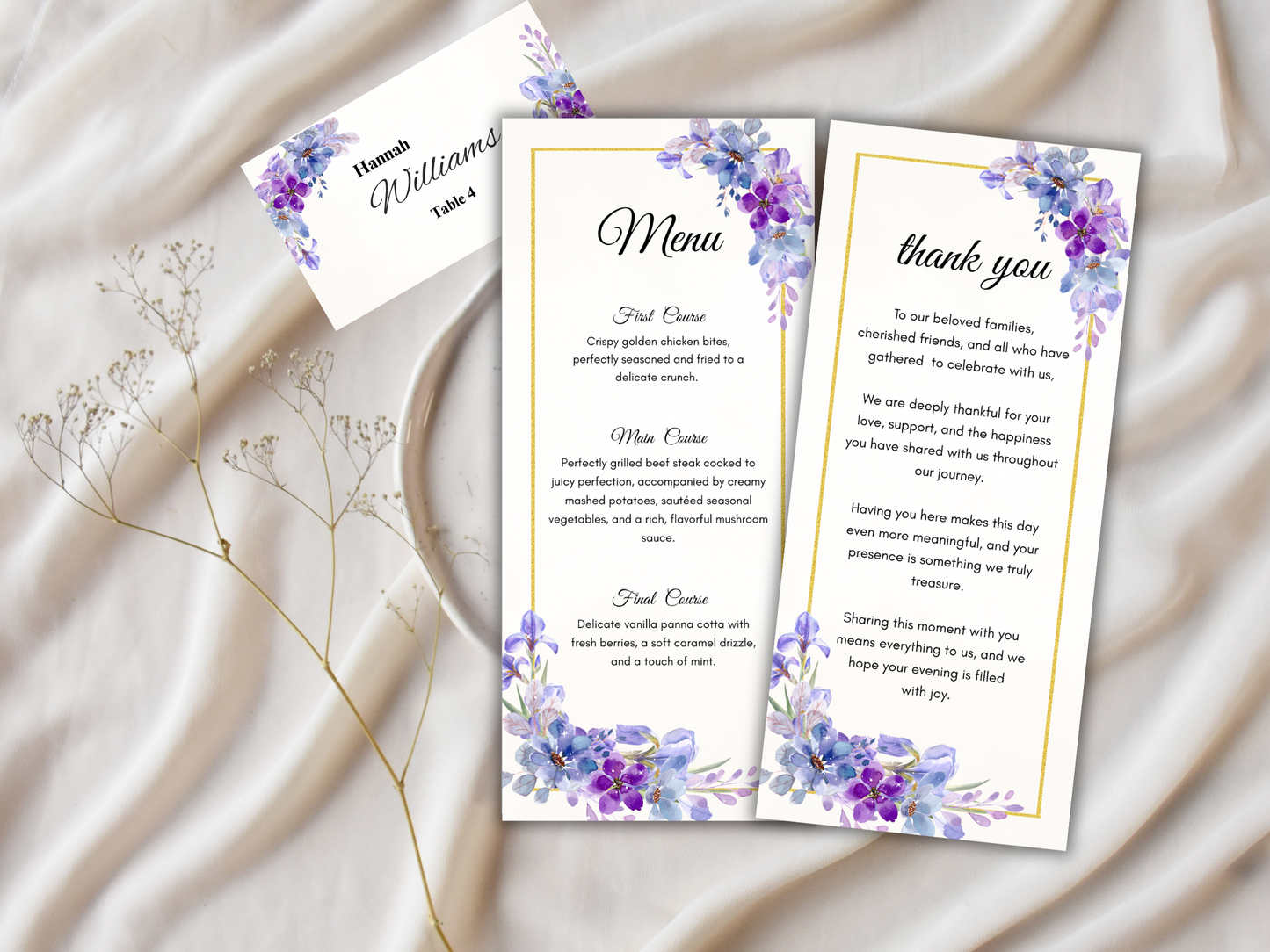 Wedding Thank you Card, Menu Card, Table Card. WI348