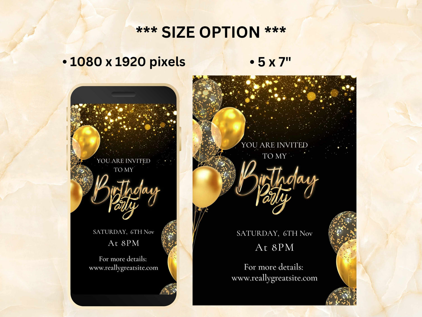 Birthday party invitation with gold balloons on a black background, displayed on a phone and a paper size reference.