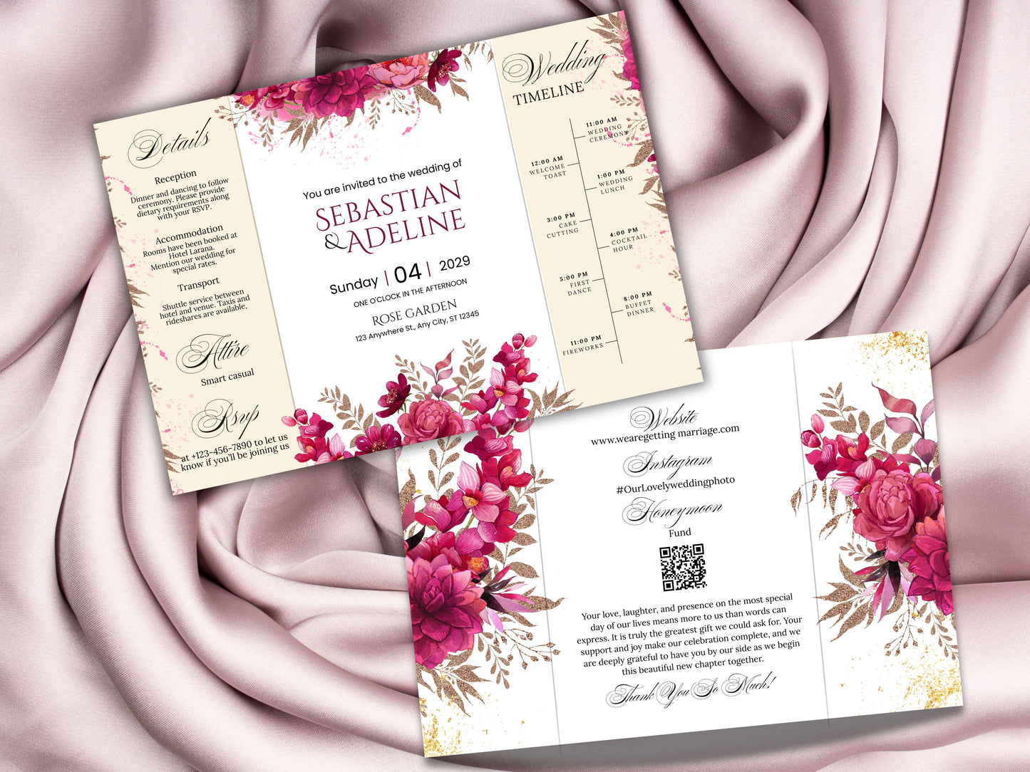 Wedding Invitation Trifold Template Canva, INSTANT DOWNLOAD, Pink Florals Trifold Invite Photo, Floral Pink Trifold Card,Pink Floral. WIB119