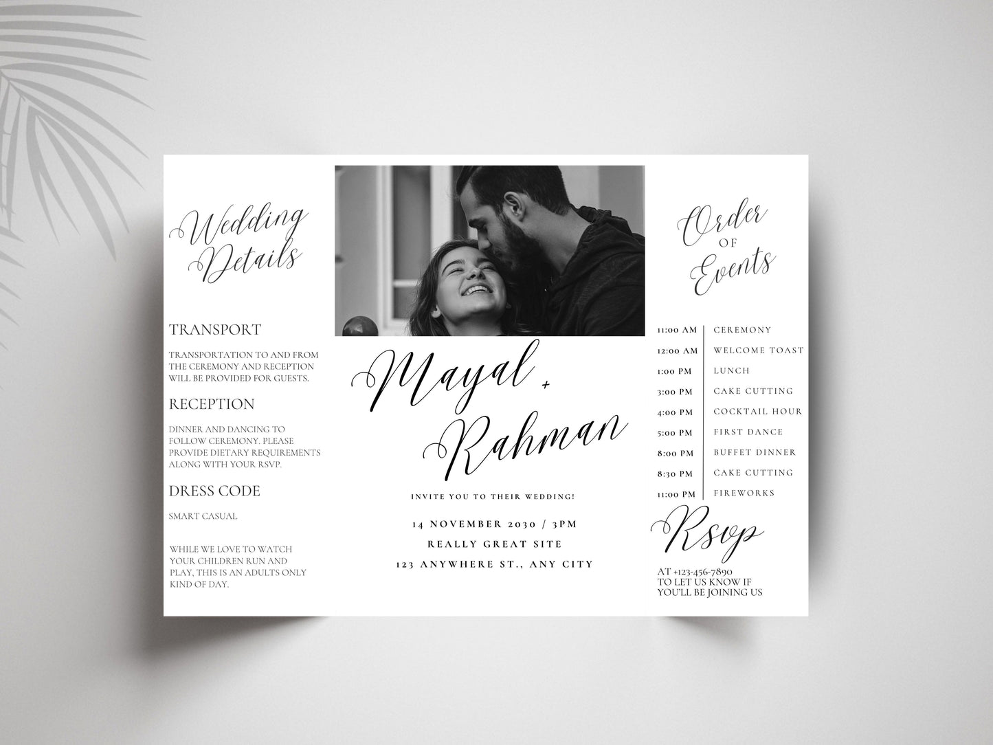 Gatefold Wedding Invitation Template | Elegant Black & White Folded Invite with RSVP Timeline | Printable Wedding Card with Photo. WEIB123