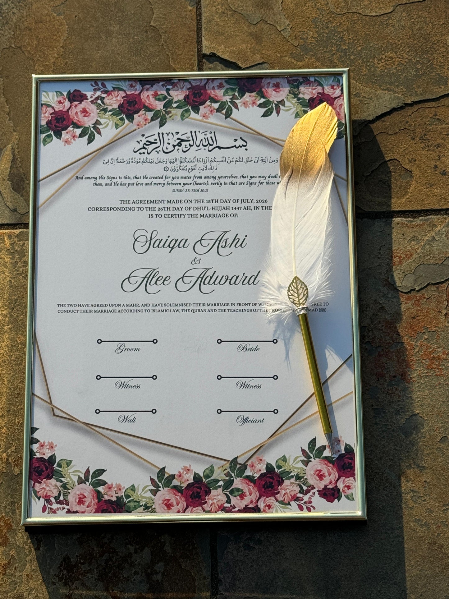 Nikkah Certificate with Feather Pen and Gold Frame