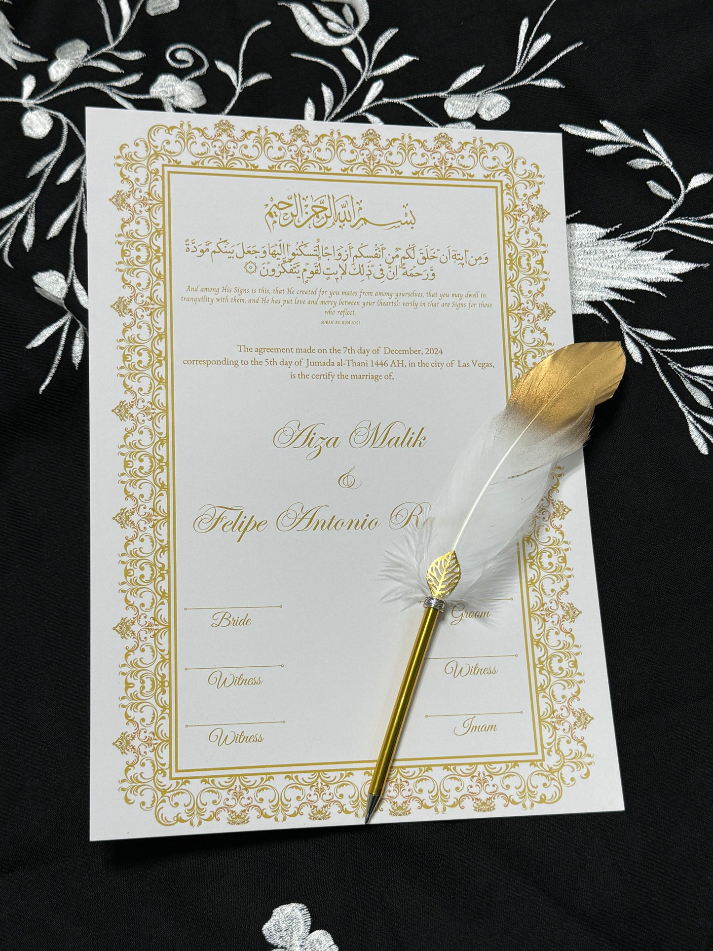 A3 Nikkah Certificate with Feather Pen , Nikkah Certificate, Nikkahnama, Muslim Marriage Certificate, A3 Certificate