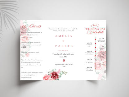 Elegant Floral Wedding Invitation Trifold Card Itinerary and Details Template Modern Editable Printable Invite. WI172