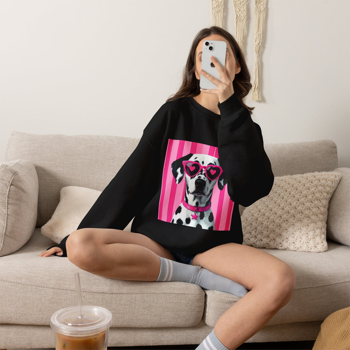 Dalmatian with Heart Sunglasses Sweatshirt — Cute Pink Pet Graphic Crewneck