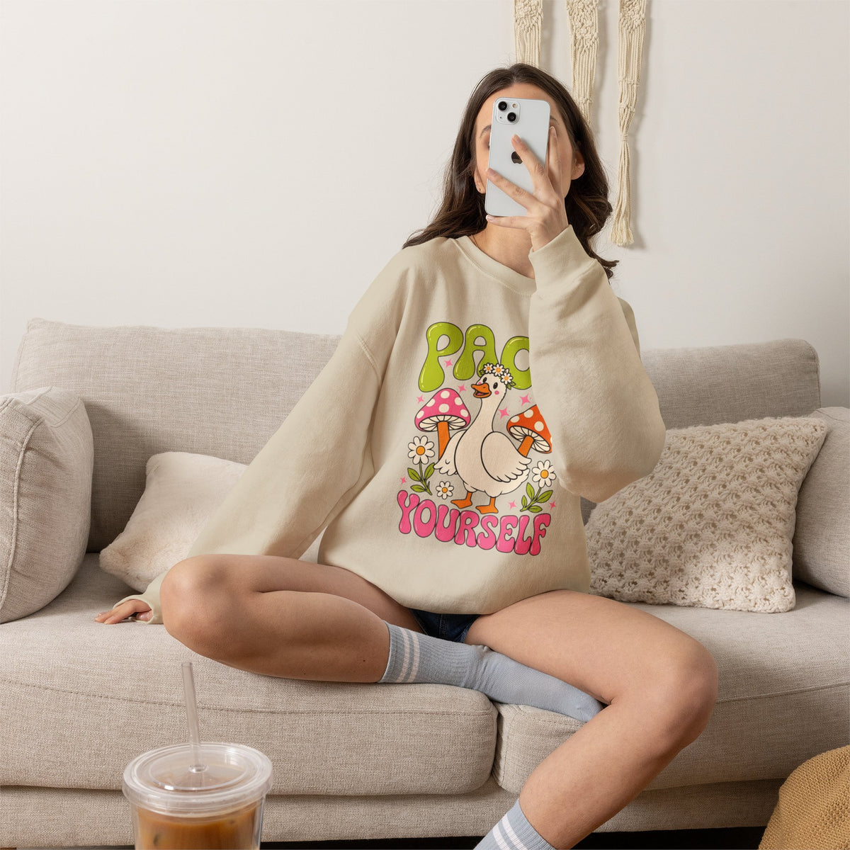 Peace Yourself Crewneck Sweatshirt — Retro Duck & Mushrooms Graphic
