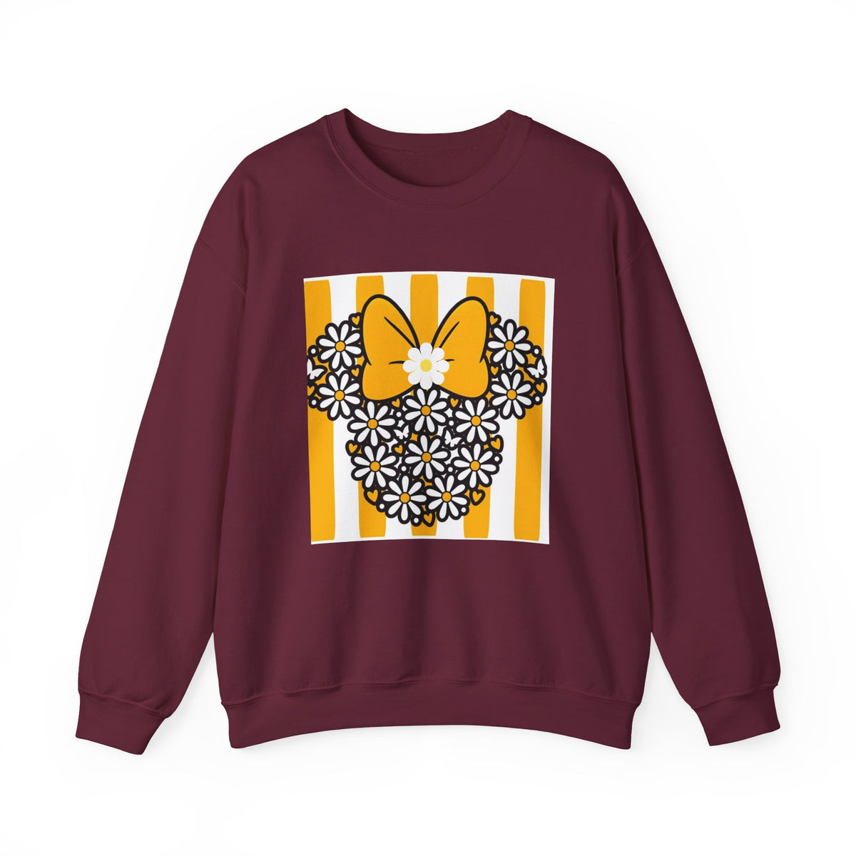 A crewneck sweatshirt in maroon, featuring a graphic print of a Minnie Mouse silhouette made of black and white daisies with a yellow bow, set against a background of yellow and white vertical stripes.