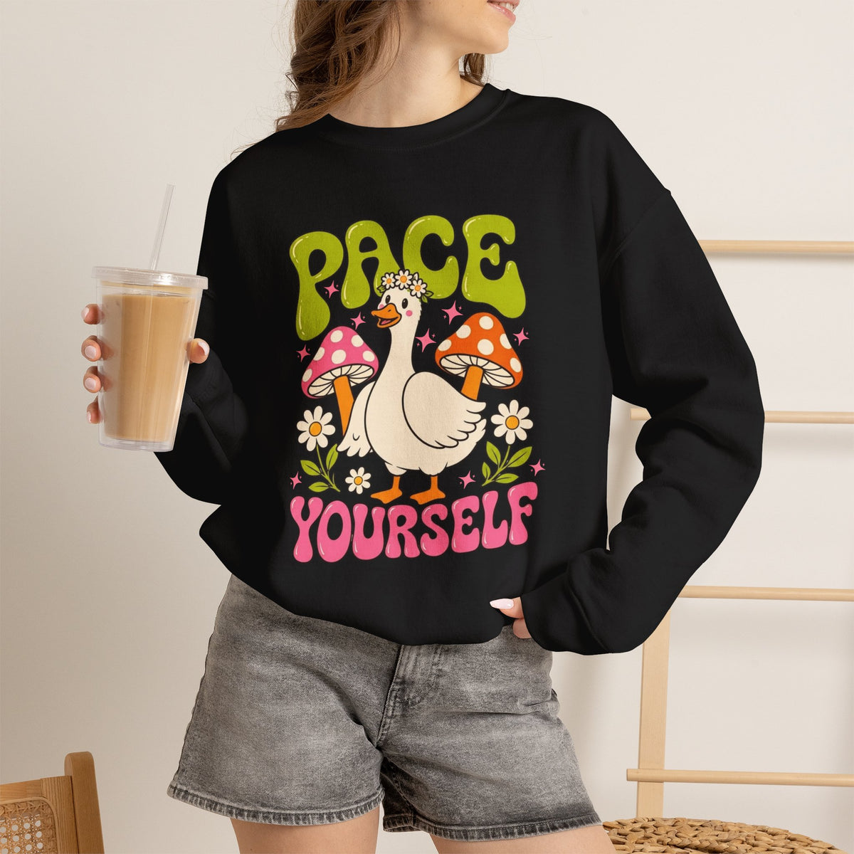 Peace Yourself Crewneck Sweatshirt — Retro Duck & Mushrooms Graphic