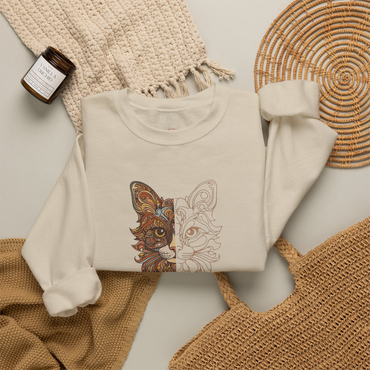 Cat Face Split Crewneck Sweatshirt – Half Realistic, Half Line Art Cat Design