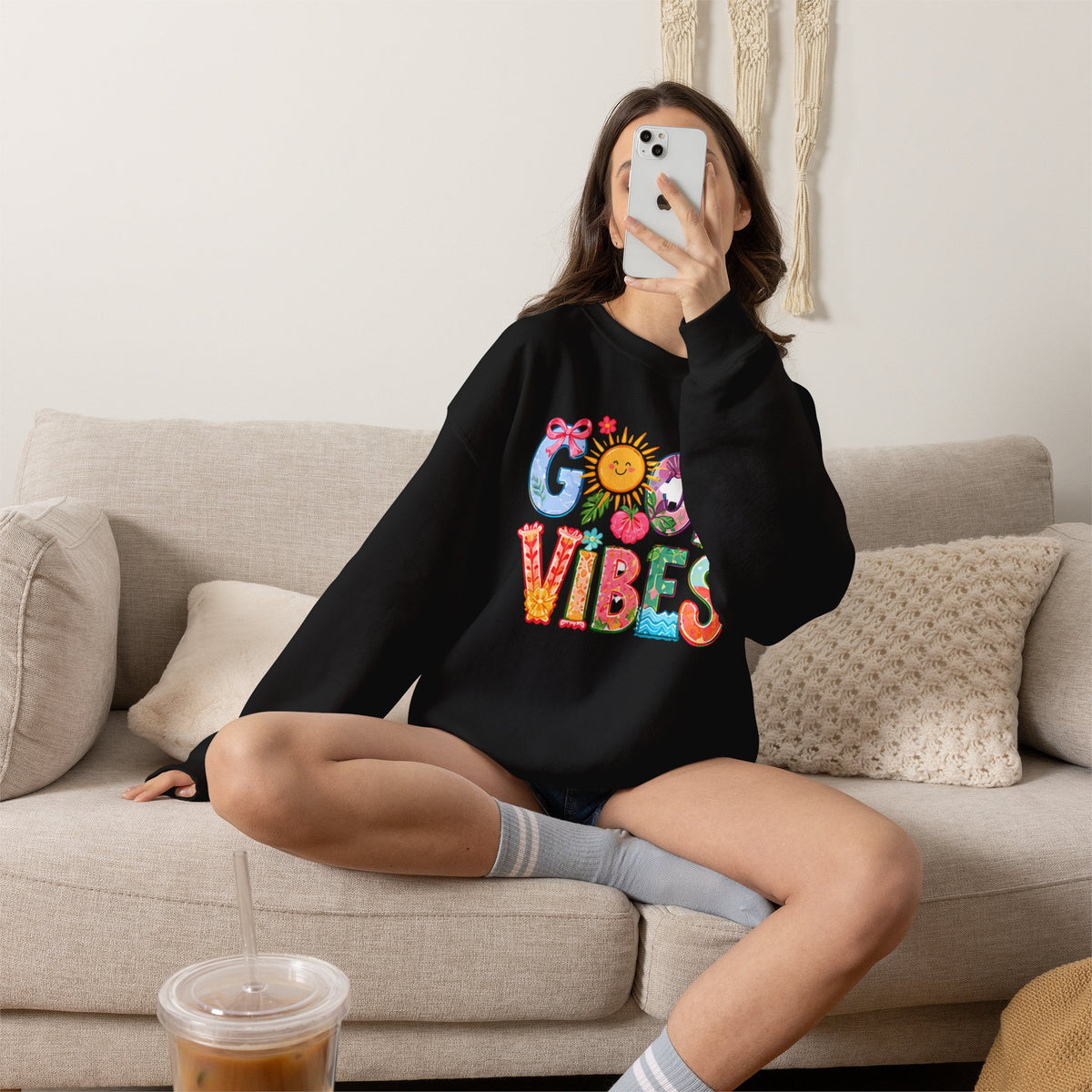 Good Vibes Floral Sweatshirt - Colorful Retro Sun Graphic Crewneck