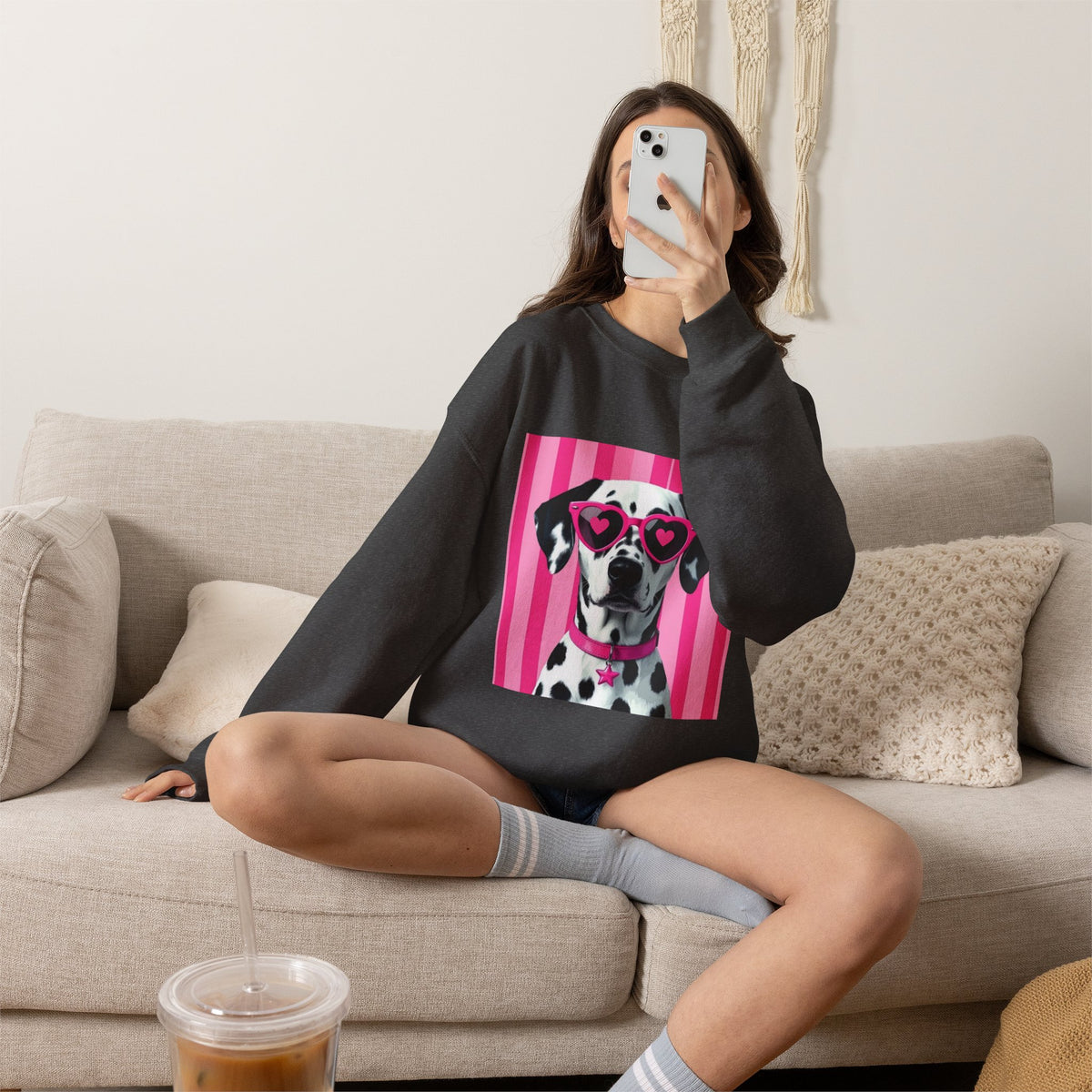 Dalmatian with Heart Sunglasses Sweatshirt — Cute Pink Pet Graphic Crewneck