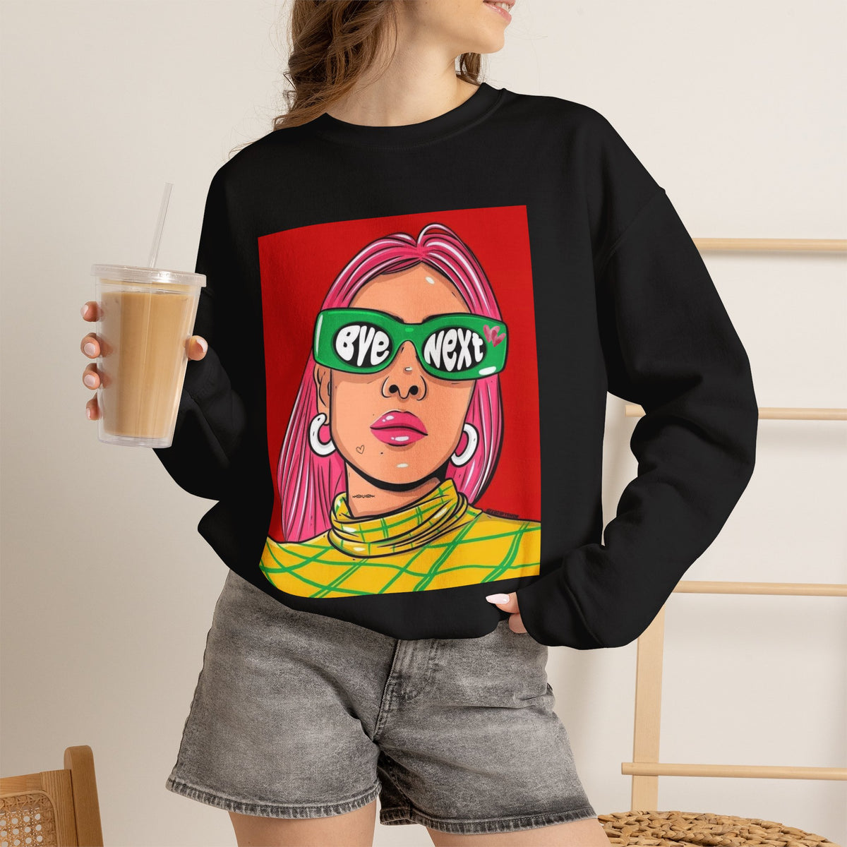 Graphic Sweatshirt — 'Bye Next' Retro Pop Art Girl Crewneck