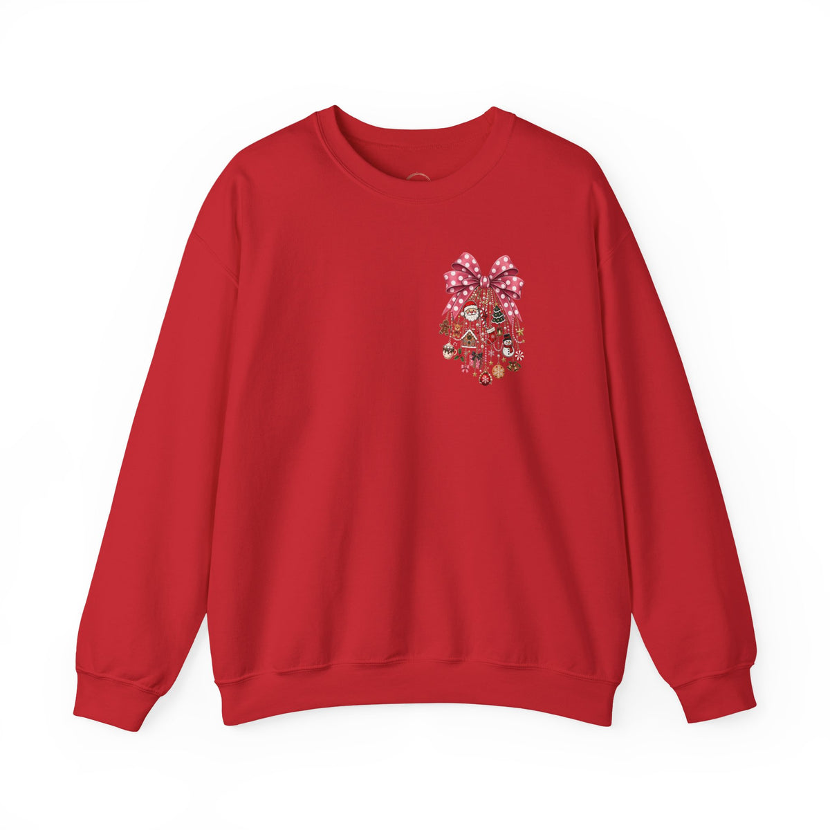 Crewneck Sweatshirt — Floral Heart Ornament with Pink Bow Holiday Design