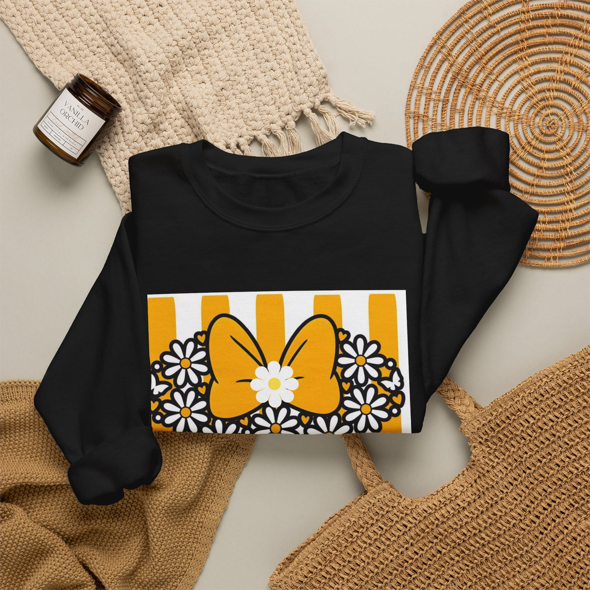 Floral Mouse Head Sweatshirt — Yellow Daisy Bow Crewneck