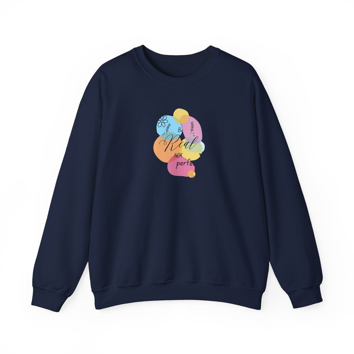 A navy blue crewneck sweatshirt with a colorful graphic on the chest featuring overlapping pastel balloons and the text 'Kuid mes para', displayed on a clean white background.