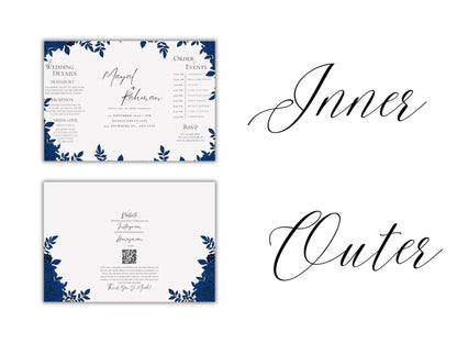 Elegant Gatefold Wedding Invitation | Blue Floral Printable Invite | Modern Ceremony Reception Card | Editable Template. WI133