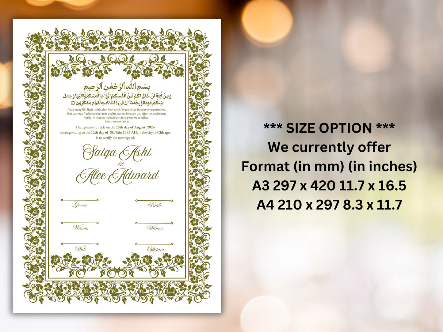 Floral Nikkah Certificate, Islamic Wedding Contract, Nikkah Nama, Muslim Marriage Certificate, Personalised Names, Quran Verse. NN280