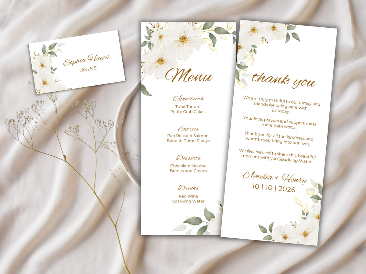 Elegant Floral Wedding Menu & Thank You Card Template | Printable Wedding Table Set | Minimalist White Flower Design.WI189
