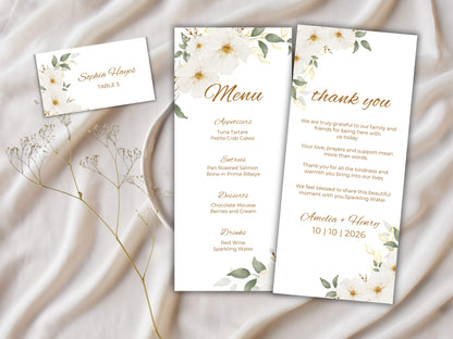 Elegant Floral Wedding Menu & Thank You Card Template | Printable Wedding Table Set | Minimalist White Flower Design.WI189