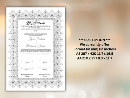 Nikkah Certificate, Nikkahnama, Nikahnama, Muslim Contract, Personalised, A4, A3, Template, Instat Download. NN271