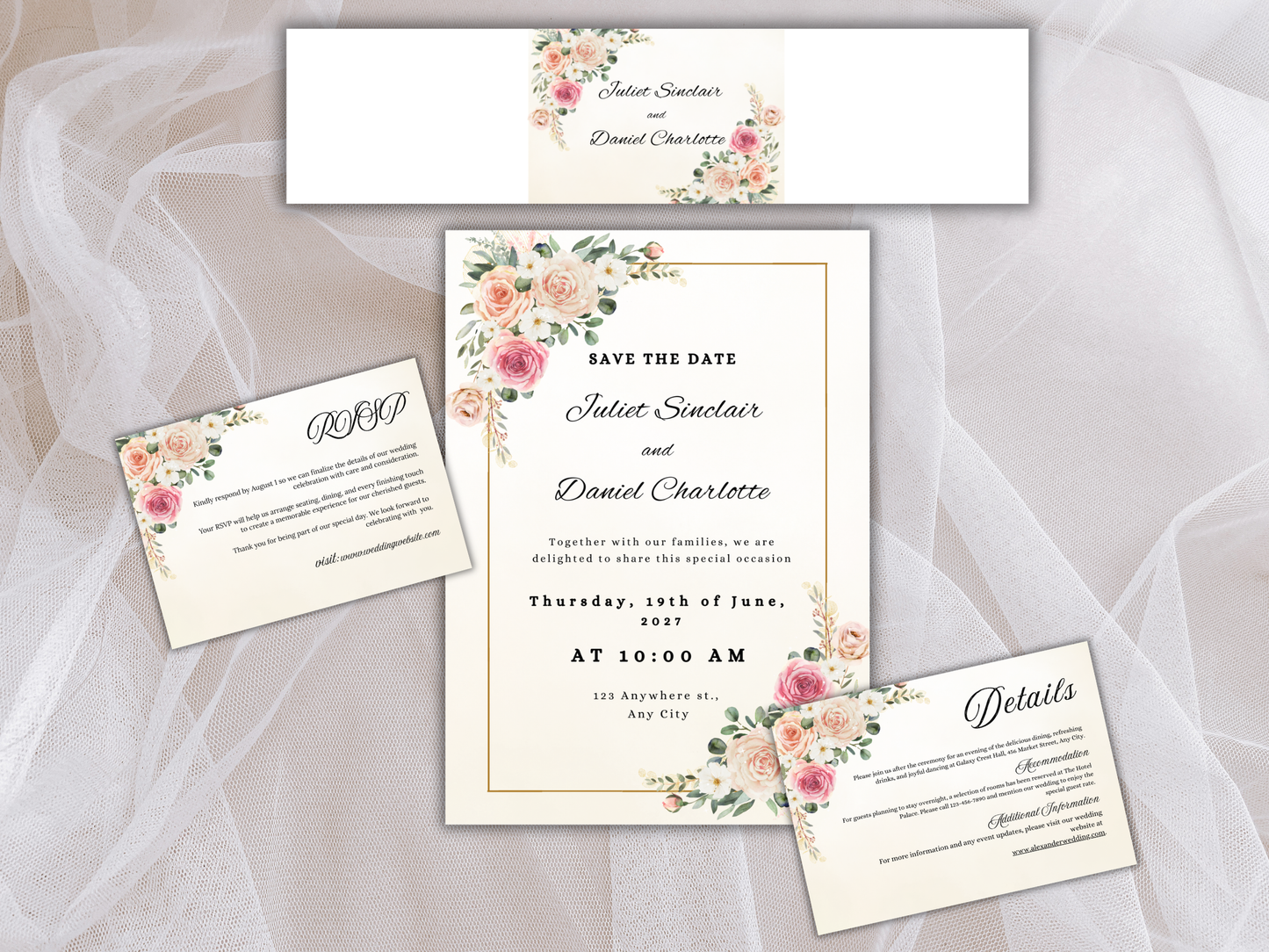 Luxury Floral Wedding invitation Bundle, Editable Canva Template, Details, RVSP, Instant Download MTC399