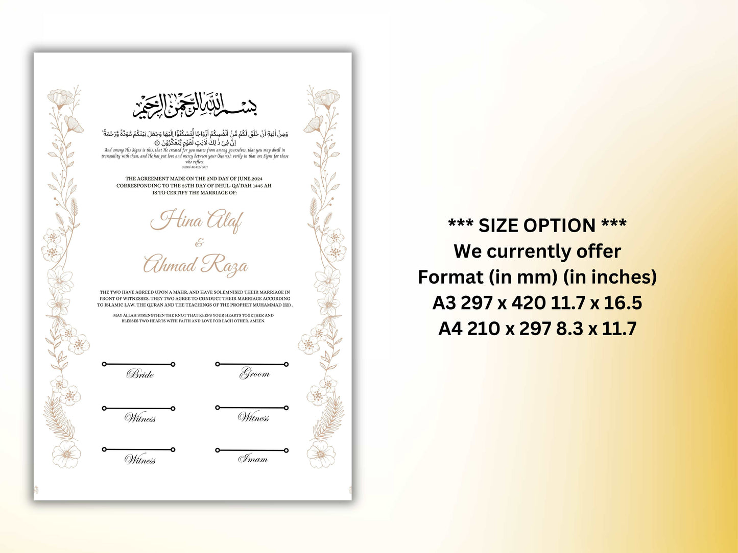 Luxury Nikkah Certificate, Premium A4 Islamic Wedding Contract, Nikkah Nama, Muslim Marriage Certificate, Personalised Names, A4, A3. NN251