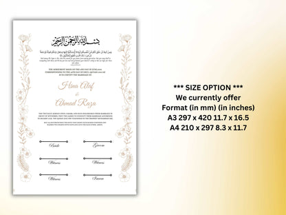 Luxury Nikkah Certificate, Premium A4 Islamic Wedding Contract, Nikkah Nama, Muslim Marriage Certificate, Personalised Names, A4, A3. NN251