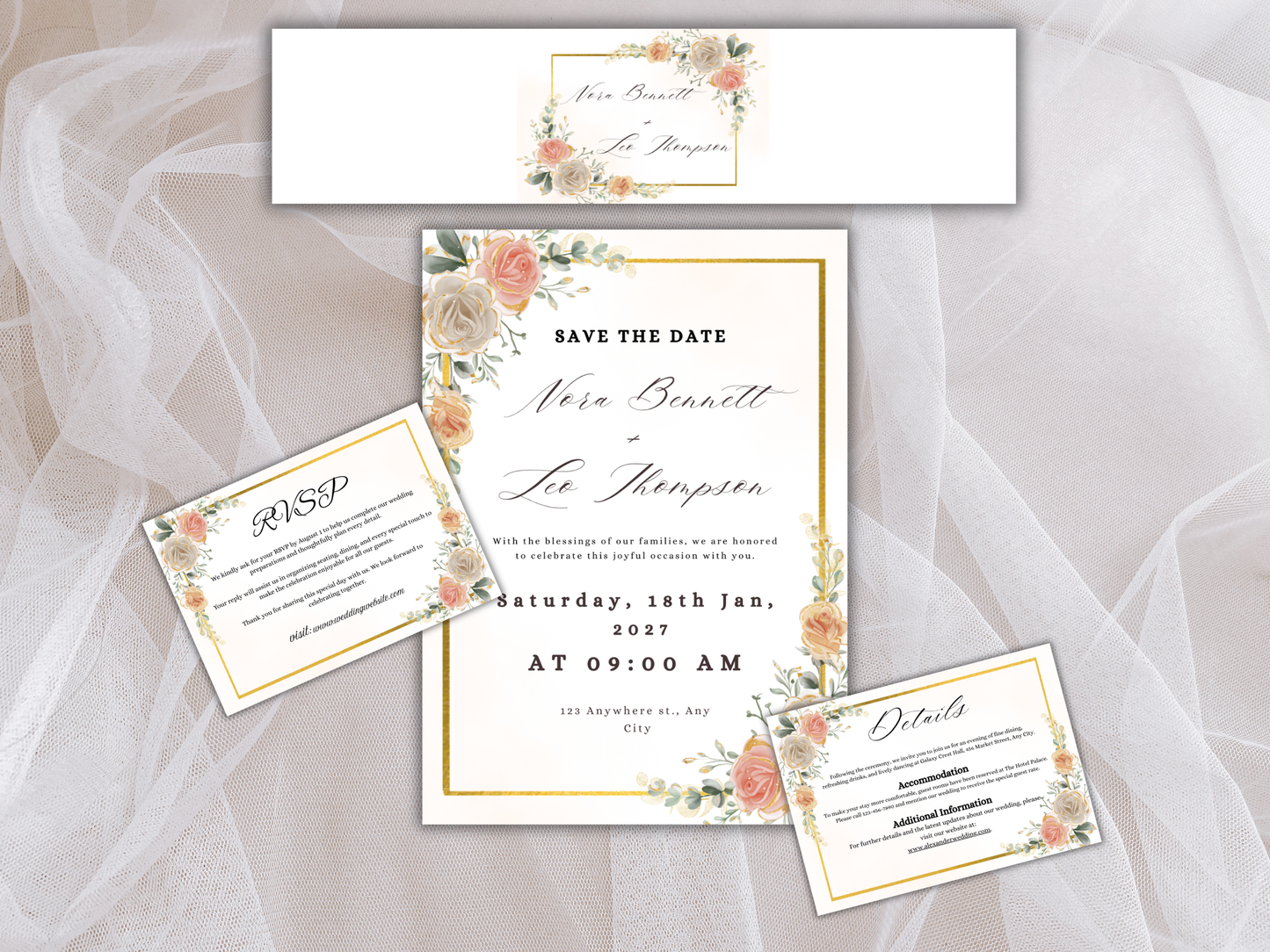 Peach & Ivory Floral Wedding Invitation Suite,  RSVP, Details, Menu, Thank You, Digital Download  MTC407