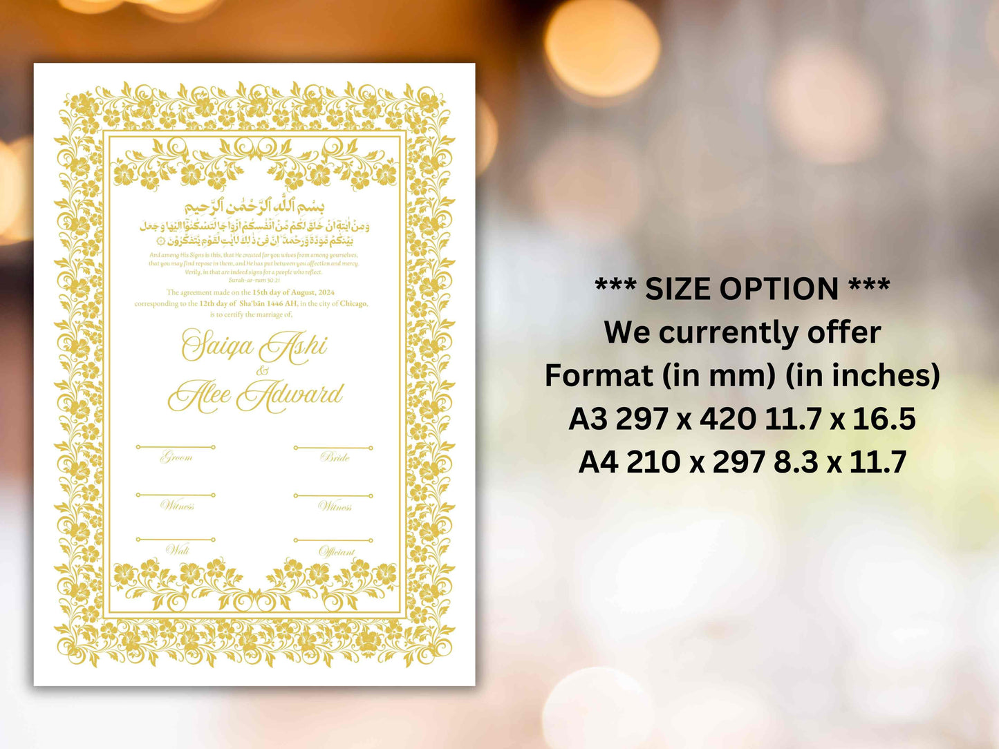 Floral Nikkah Certificate, Islamic Wedding Contract, Nikkah Nama, Muslim Marriage Certificate, Personalised Names, Quran Verse. NN279