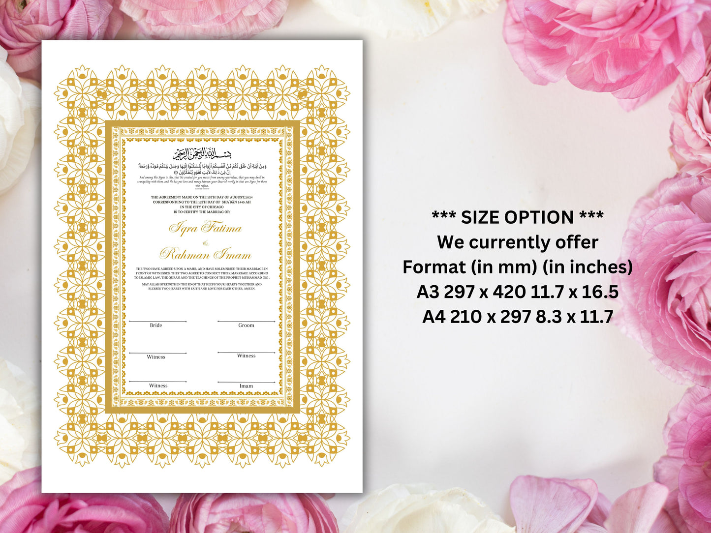 Luxury Nikkah Certificate in Pdf Format, Digital Download Nikkah Contract, Digital Traditional Islamic Wedding Agreement. NT217