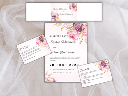 Elegant Blush Floral Wedding Invitation Suite, RSVP, Menu, Details (Digital Download) MTC415