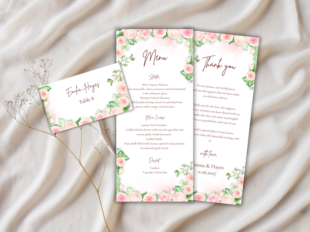 Floral Wedding Menu Template, Thank You Card. WI196