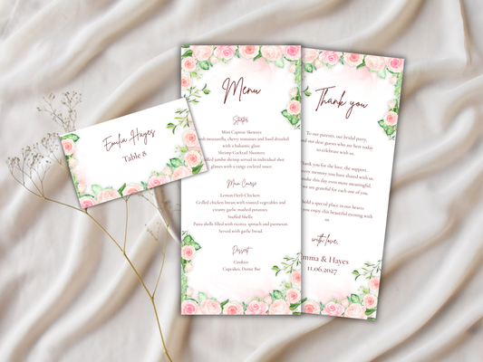 Floral Wedding Menu Template, Thank You Card. WI196
