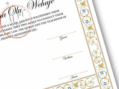 Luxury Nikkah Certificate, Premium A4 Islamic Wedding Contract, Nikkah Nama, Muslim Marriage Certificate, Personalised Names, A4, A3. NN274