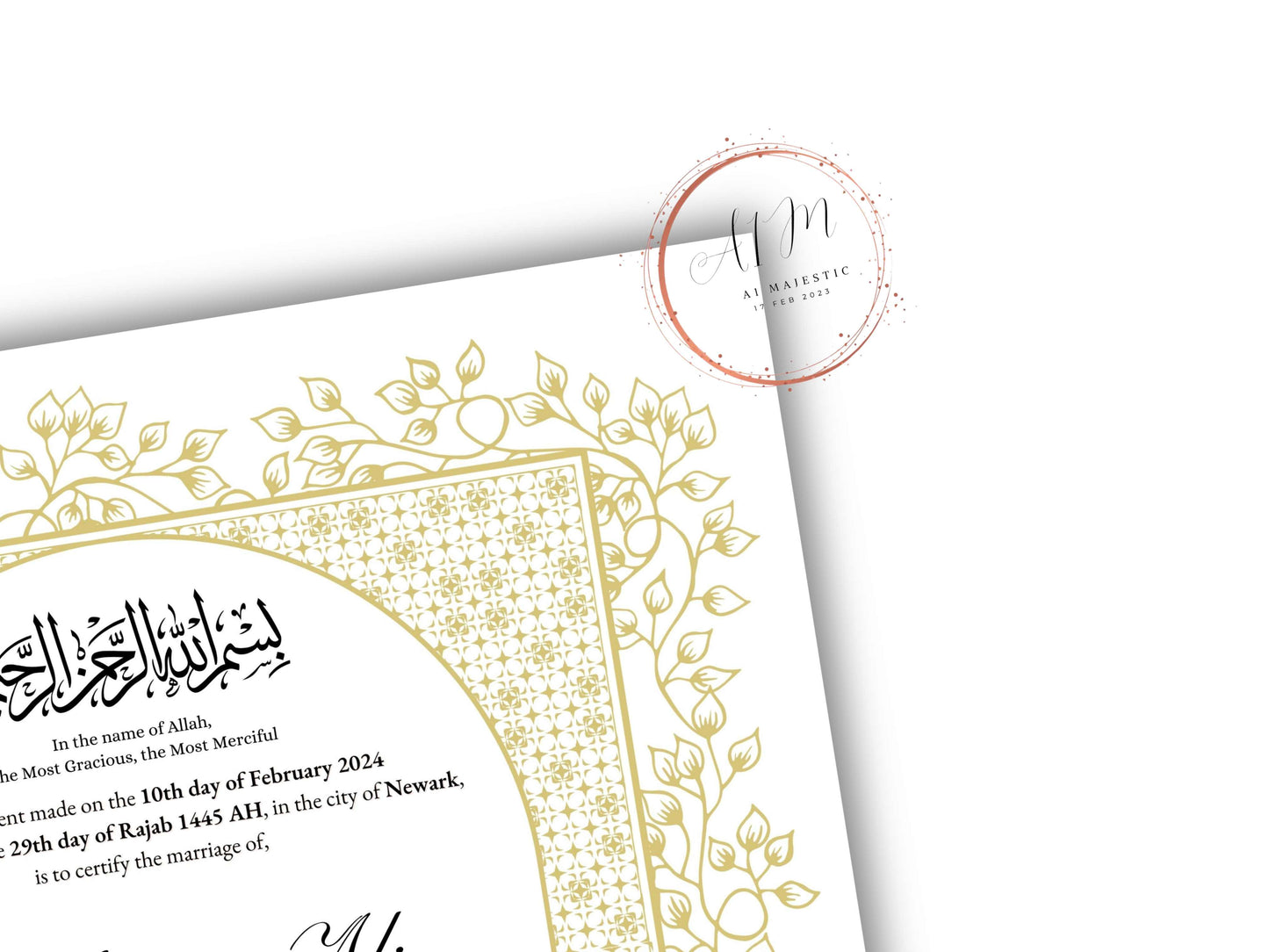 Gold Nikkah Contract Template, Gold Islamic Marriage, Contract Nikkah Certificate, Gold Nikahnama, Personalised Names, A4, A3. NN208