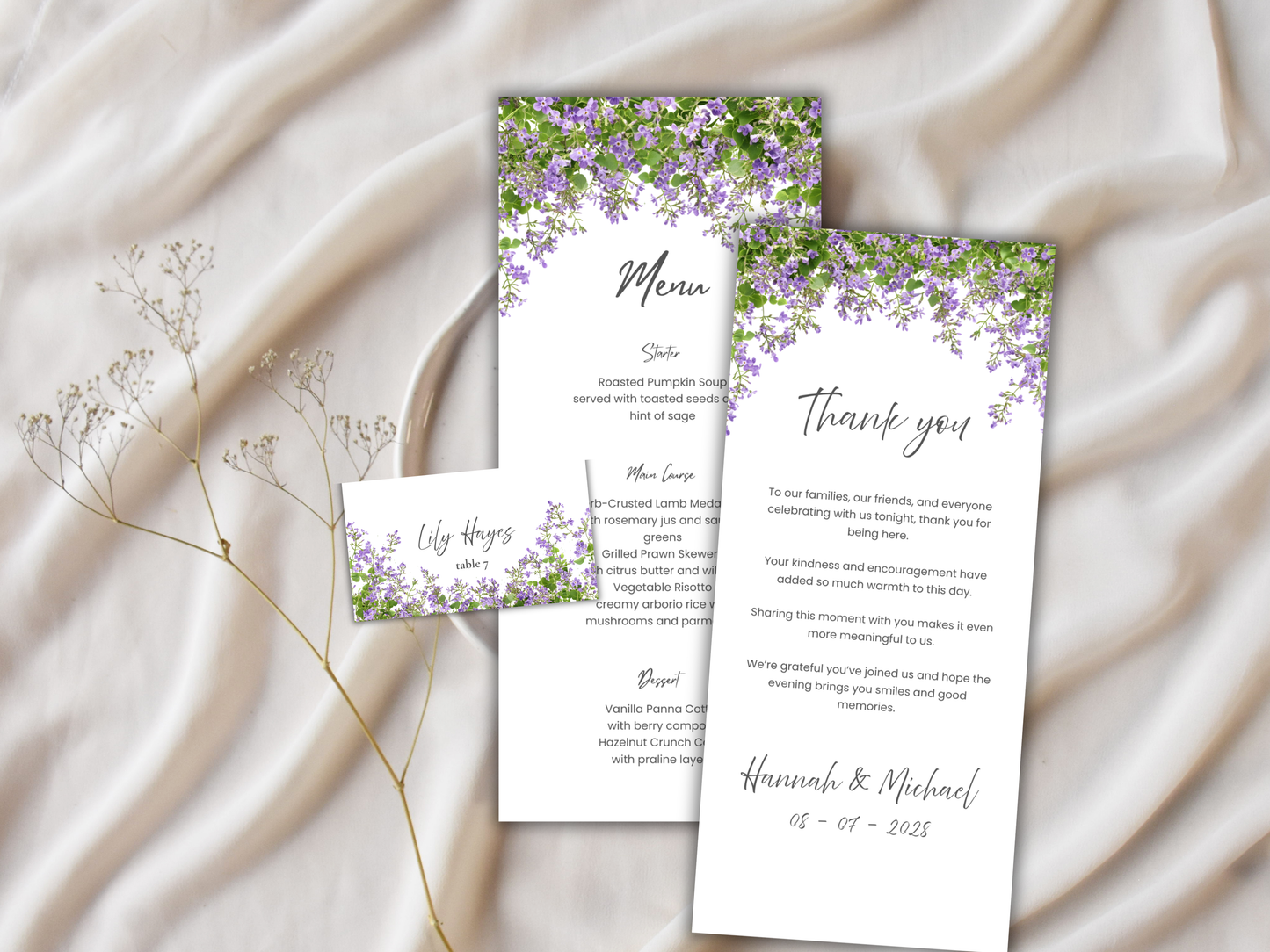 Floral Wedding Menu & Thank You Template | Editable Canva Place Card. WI214