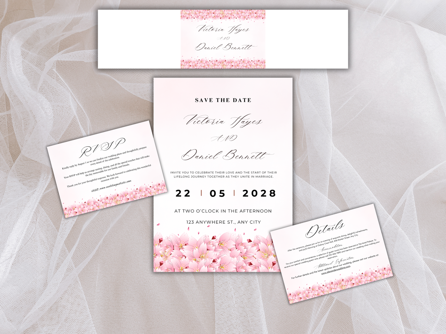Elegant Cherry Blossom Wedding Invitation Bundle, , RSVP, Details, Menu & Thank You, Editable  Template MTC421
