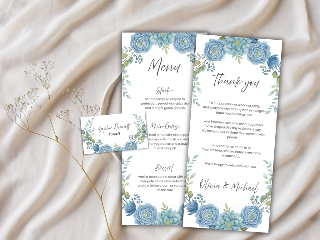 Floral Wedding Menu & Thank You Template | Editable Canva Place Card. WI206