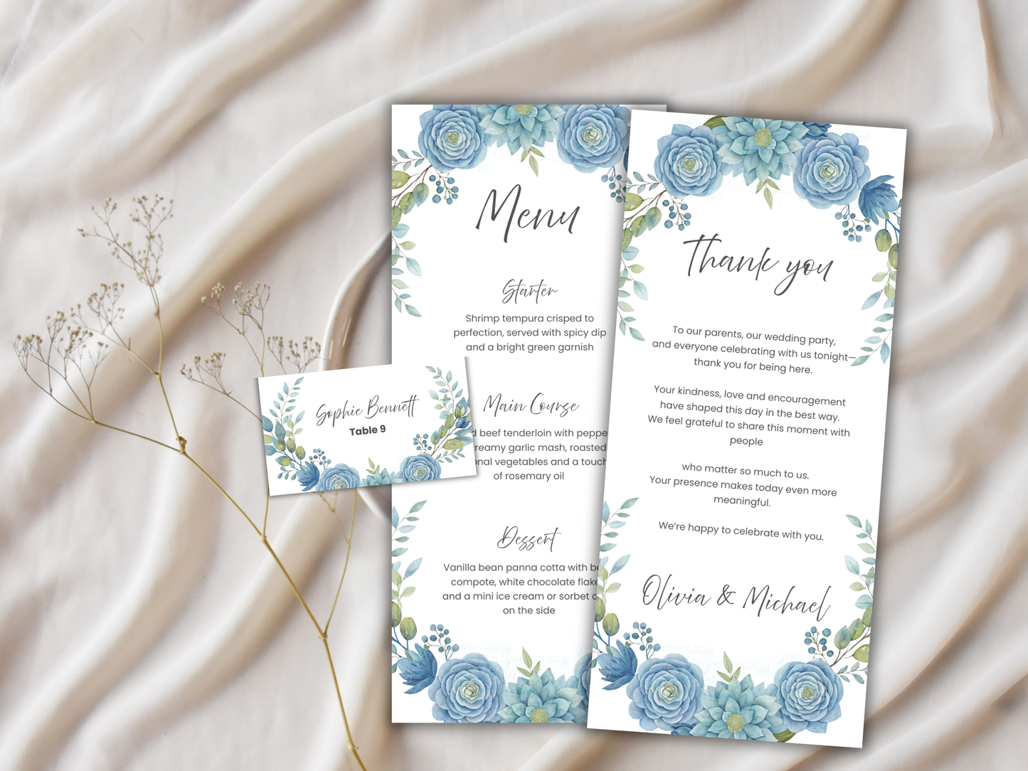 Floral Wedding Menu & Thank You Template | Editable Canva Place Card. WI206