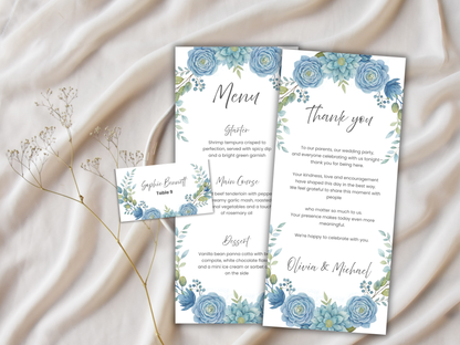 Floral Wedding Menu & Thank You Template | Editable Canva Place Card. WI206