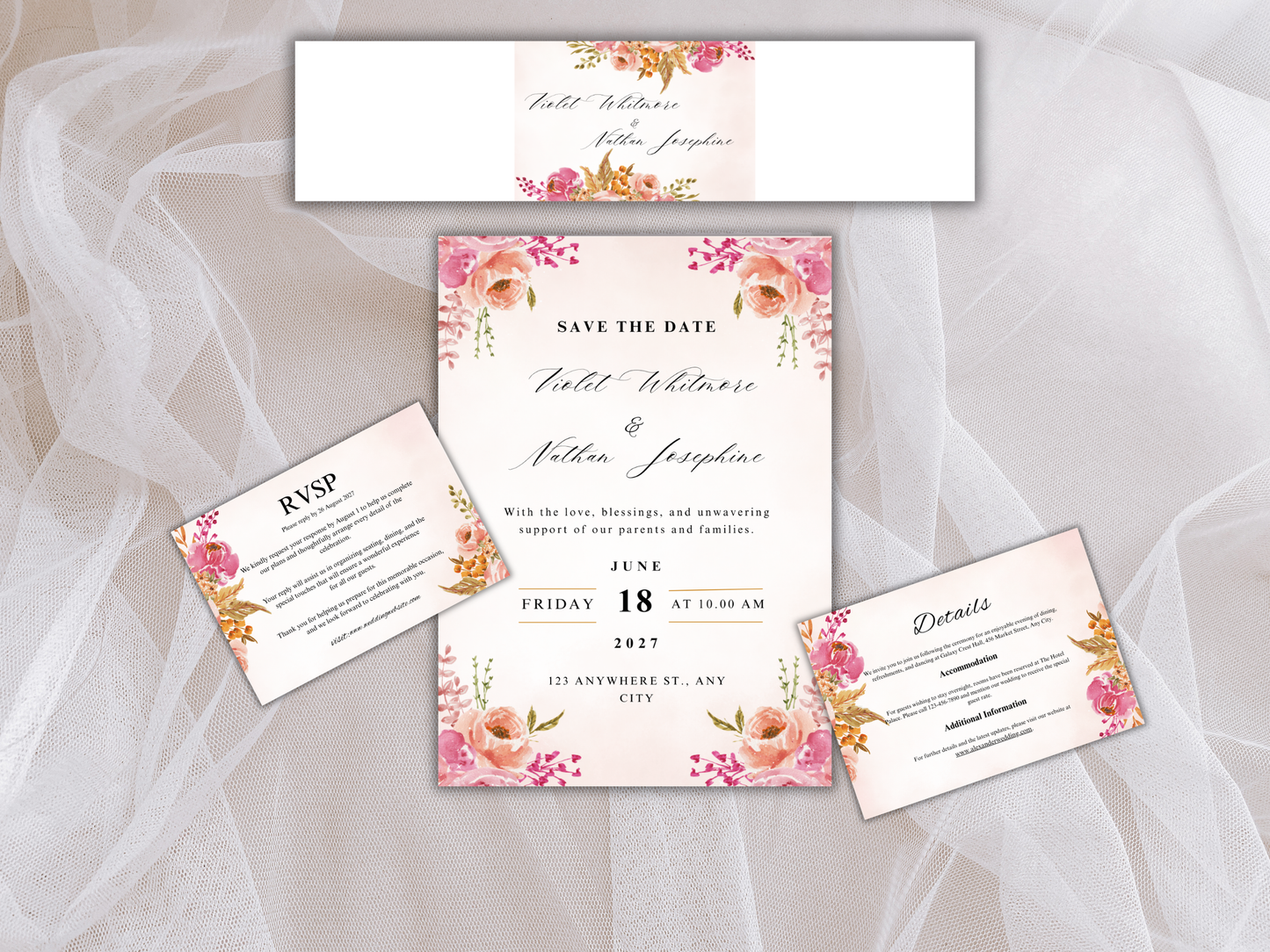 Pink Floral Wedding Invitation Suite, Watercolor Thank You Card, Menu, RSVP & Details Card, Bottle Label MTC375