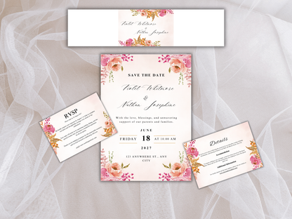 Pink Floral Wedding Invitation Suite, Watercolor Thank You Card, Menu, RSVP & Details Card, Bottle Label MTC375