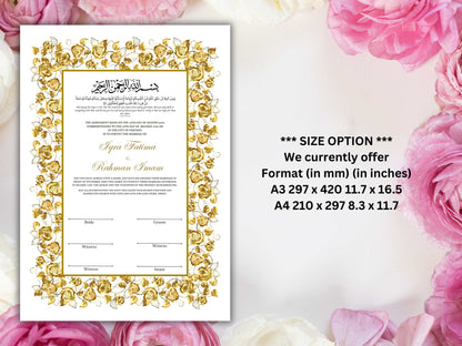 Luxury Nikkah Certificate, Premium A4 Islamic Wedding Contract, Nikkah Nama, Muslim Marriage Certificate, Personalised Names, A4, A3. NN215