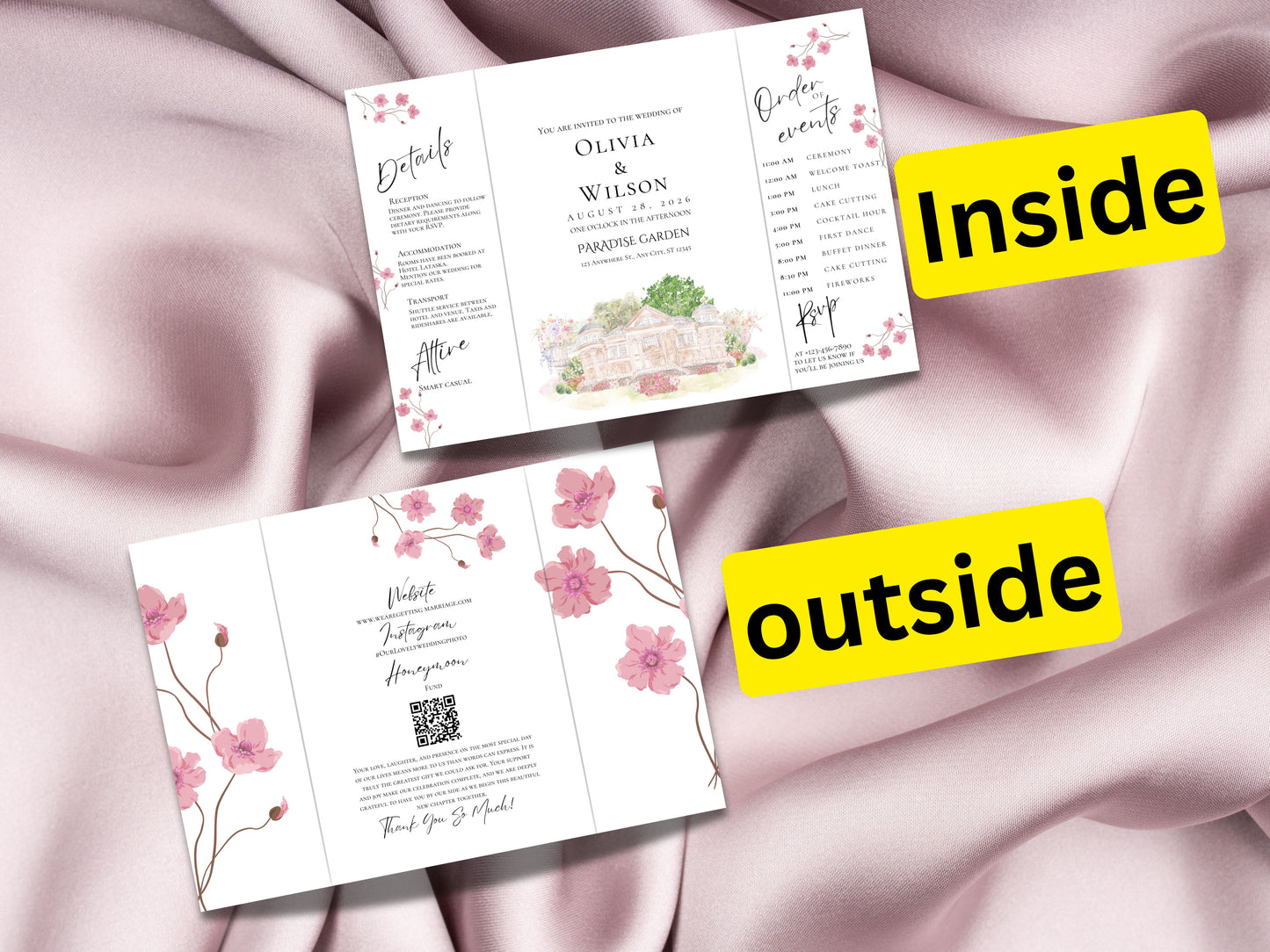 Elegant Trifold Wedding Invitation Template, Blossom Floral Wedding Invite, Editable Printable Invite, Garden Ceremony Card. WEIB121