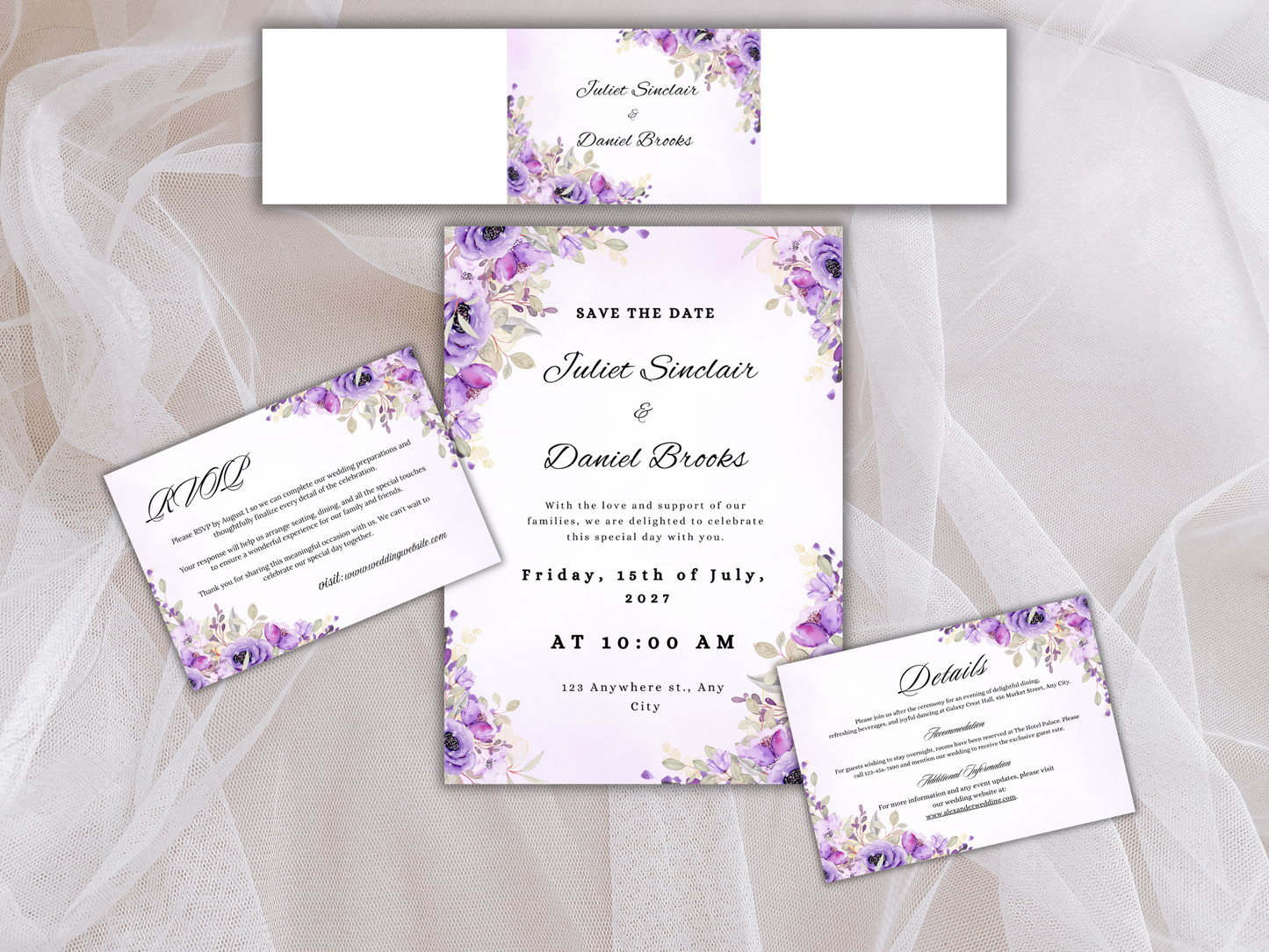 Watercolor Purple Floral Wedding invitation Bundle, Editable Canva Template, Details, RVSP, Instant Download MTC401